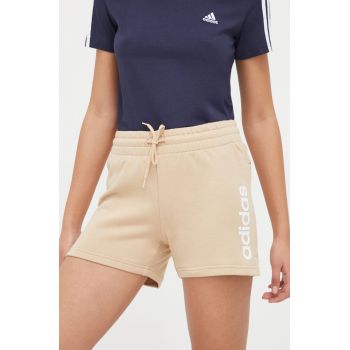 adidas pantaloni scurți din bumbac culoarea bej, cu imprimeu, high waist IS2079