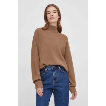 Lacoste pulover de lana femei, culoarea maro, cu turtleneck