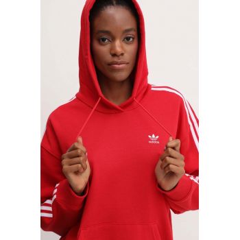 adidas Originals bluză 3-Stripes Hoodie OS femei, culoarea roșu, cu glugă, cu imprimeu, IN8397