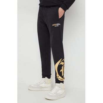 Just Cavalli pantaloni de trening din bumbac culoarea negru, cu imprimeu