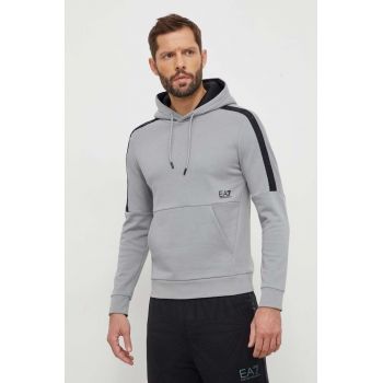 EA7 Emporio Armani hanorac de bumbac barbati, culoarea gri, cu glugă, cu imprimeu