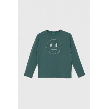 United Colors of Benetton longsleeve din bumbac pentru copii culoarea turcoaz, cu imprimeu de firma original