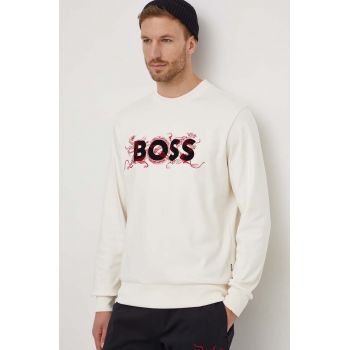 BOSS hanorac de bumbac bărbați, culoarea bej, cu imprimeu 50510132