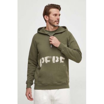 Pepe Jeans hanorac de bumbac barbati, culoarea verde, cu glugă, cu imprimeu