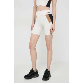 BOSS pantaloni scurți femei, culoarea bej, cu model, high waist 50517910