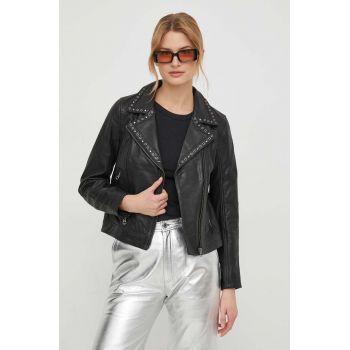 Pepe Jeans geaca ramones de piele femei, culoarea negru, de tranzitie