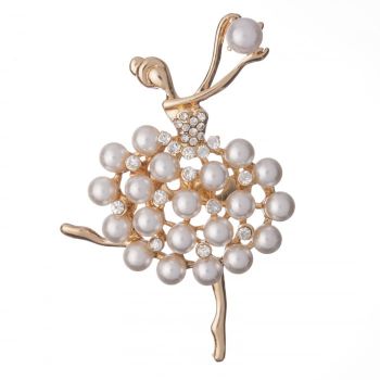 Brosa metalica aurie balerina cu perle albe si pietricele argintii ieftina