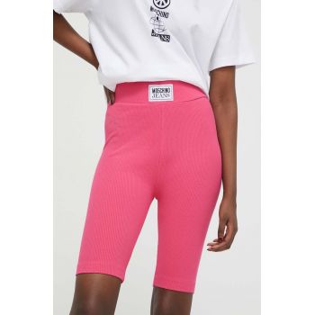 Moschino Jeans pantaloni scurti femei, culoarea roz, neted, high waist