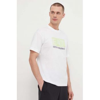 EA7 Emporio Armani tricou din bumbac barbati, culoarea alb, cu imprimeu