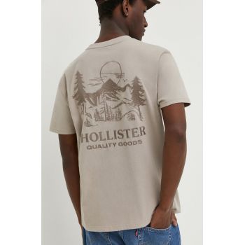 Hollister Co. tricou din bumbac barbati, culoarea bej, cu imprimeu