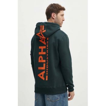 Alpha Industries bluză bărbați, culoarea verde, cu glugă, cu imprimeu