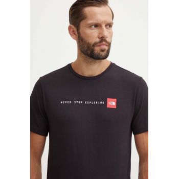 The North Face tricou din bumbac M S/S Never Stop Exploring Tee bărbați, culoarea negru, cu imprimeu, NF0A87NSJK31