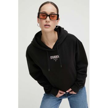 Tommy Jeans bluză femei, culoarea negru, cu glugă, imprimeu DW0DW17797