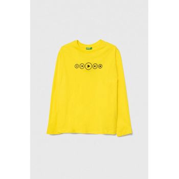 United Colors of Benetton longsleeve din bumbac pentru copii culoarea galben, cu imprimeu