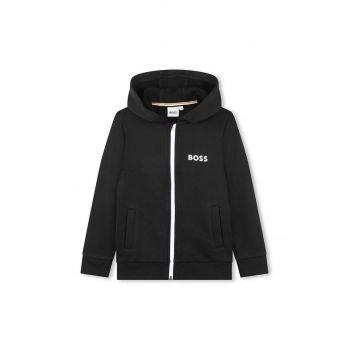 BOSS bluza copii culoarea negru, cu glugă, cu imprimeu