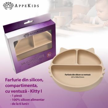 Farfurie compartimentata din silicon cu ventuza AppeKids Kitty Bubble Beige