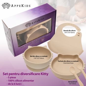 Set diversificare AppeKids din silicon 5 piese Kitty Bubble Beige