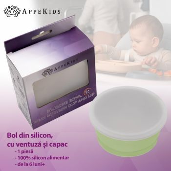 Bol din silicon cu ventuza si capac AppeKids Raw Green