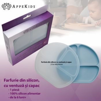 Farfurie compartimentata din silicon cu ventuza si capac AppeKids Aqua Blue