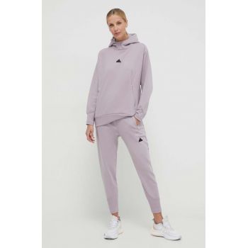 adidas bluză Z.N.E femei, culoarea violet, cu glugă, cu imprimeu IS4336