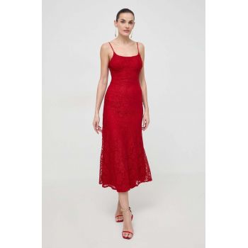 Bardot rochie culoarea rosu, maxi, mulata