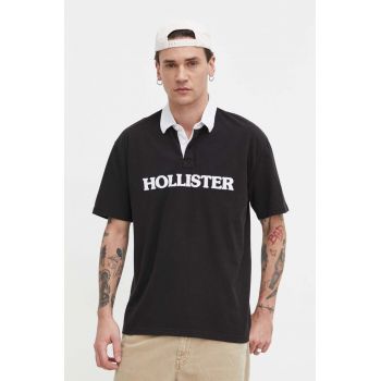 Hollister Co. polo de bumbac culoarea negru, cu imprimeu