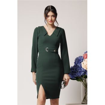 Rochie Moze office din stofa verde cu catarama in talie