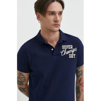 Superdry polo de bumbac culoarea albastru marin, cu imprimeu ieftin