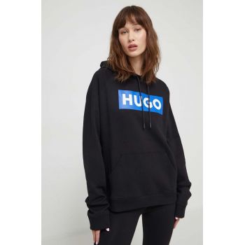 HUGO Blue hanorac de bumbac femei, culoarea negru, cu glugă, imprimeu 50515818