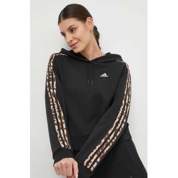 adidas hanorac de bumbac femei, culoarea negru, cu glugă, cu imprimeu IR9313