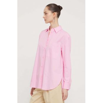 HUGO cămașă din bumbac femei, culoarea roz, cu guler clasic, relaxed 50515741