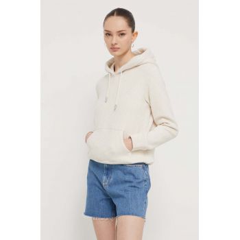 Superdry bluza femei, culoarea bej, cu glugă, melanj