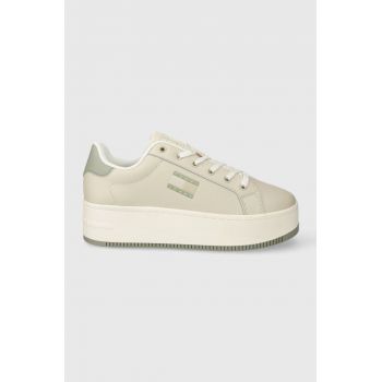 Tommy Jeans sneakers din piele TJW FLATFORM ESS culoarea bej, EN0EN02518