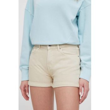 Pepe Jeans pantaloni scurti jeans femei, culoarea bej, neted, high waist