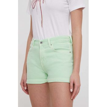 Pepe Jeans pantaloni scurti jeans femei, culoarea verde, neted, high waist