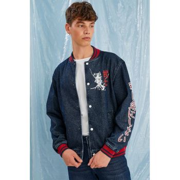 Jacheta bomber de denim cu imprimeu