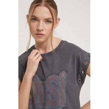 Desigual tricou din bumbac femei, culoarea gri