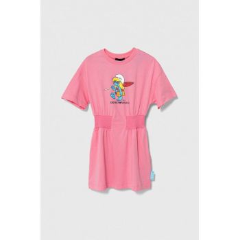 Emporio Armani rochie din bumbac pentru copii x The Smurfs culoarea roz, mini, evazati