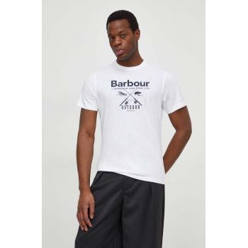 Barbour tricou din bumbac barbati, culoarea alb, cu imprimeu