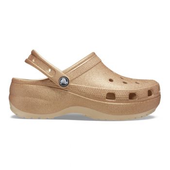 Saboți Crocs Women's Classic Platform Glitter Clog Bej - Shitake