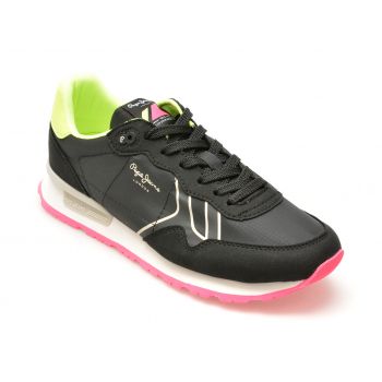 Pantofi sport PEPE JEANS negri, BRIT NEON, din material textil