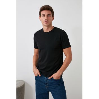 Tricou slim fit uni cu decolteu la baza gatului