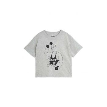 Mini Rodini tricou de bumbac pentru copii Weight lifting culoarea gri, cu imprimeu