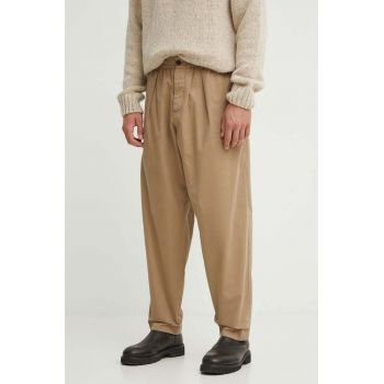 Universal Works pantaloni de bumbac Pleated Track Pant culoarea bej, drept, 29523