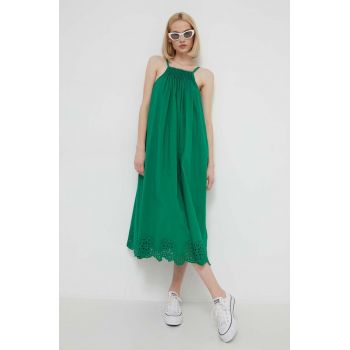 Desigual rochie din bumbac culoarea verde, maxi, evazati