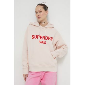 Superdry hanorac de bumbac femei, culoarea roz, cu glugă, cu imprimeu ieftin