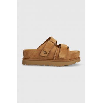 UGG papuci din piele Goldenstar Hi Slide femei, culoarea maro, cu platforma, 1155458