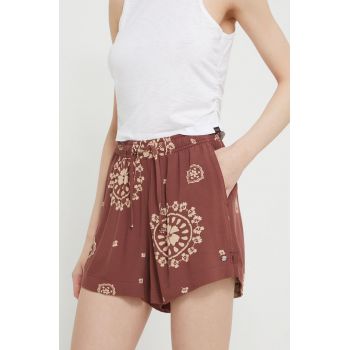 Roxy pantaloni scurți Lekeitio femei, culoarea maro, cu model, high waist ERJNS03508