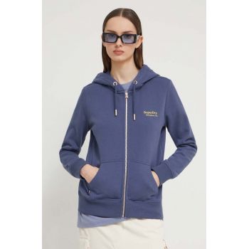 Superdry hanorac de bumbac femei, culoarea albastru marin, cu glugă, cu imprimeu