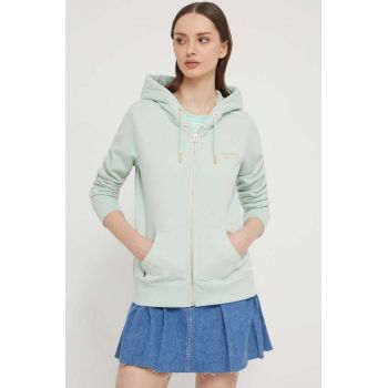 Superdry hanorac de bumbac femei, culoarea verde, cu glugă, cu imprimeu